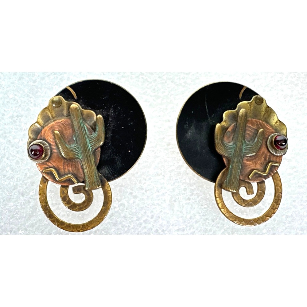 Vintage Copper Brass Clip on Earrings Cacti & Red Stone